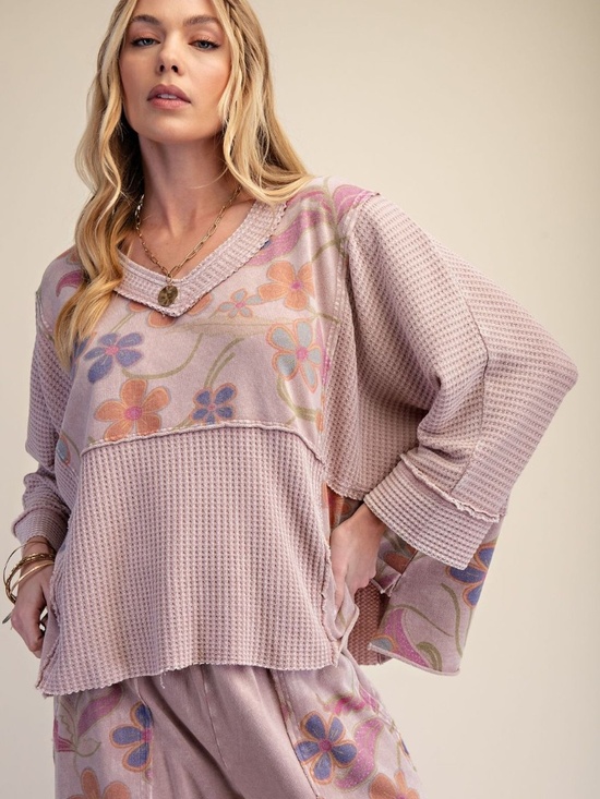 Easel Los Angeles Tops - Easel V neck Waffle Knit Loose Fit 3/4 Sleeve Top